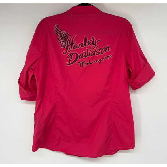 Harley Davidson Shirt Womens XL Red Pearl Snap Spell Out Studded Moto Biker Chic - Picture 2 of 9